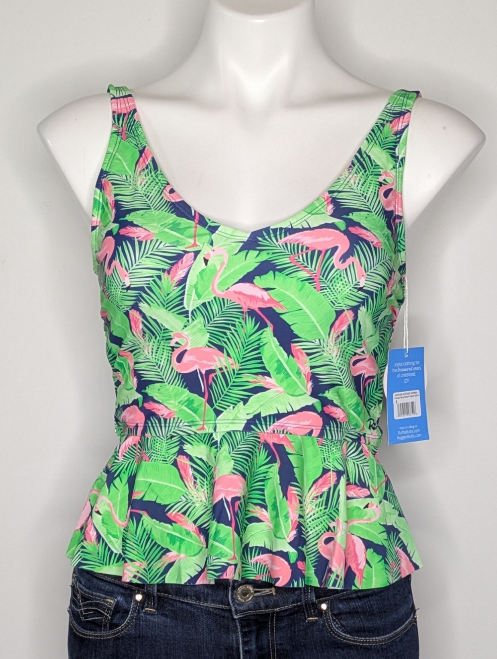 NWT Ruffle Butts Green Pink Flamingo Frenzy Peplum Tankini Bikini Top S